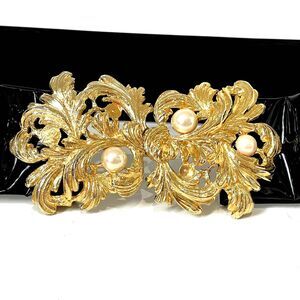 Vtg Mimi Di N Signed 1987 Gold Tone 2 Piece Leaves Faux Pearl Buckle Belt 34.5"